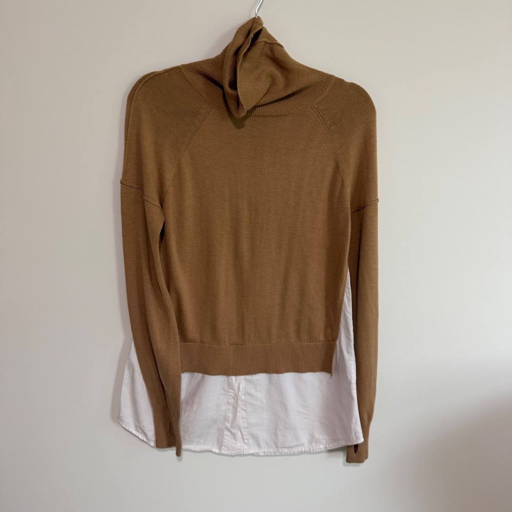 Kaufmanfranco Camel Knit Turtleneck Sweater White Layered Hem Tan Brown Medium